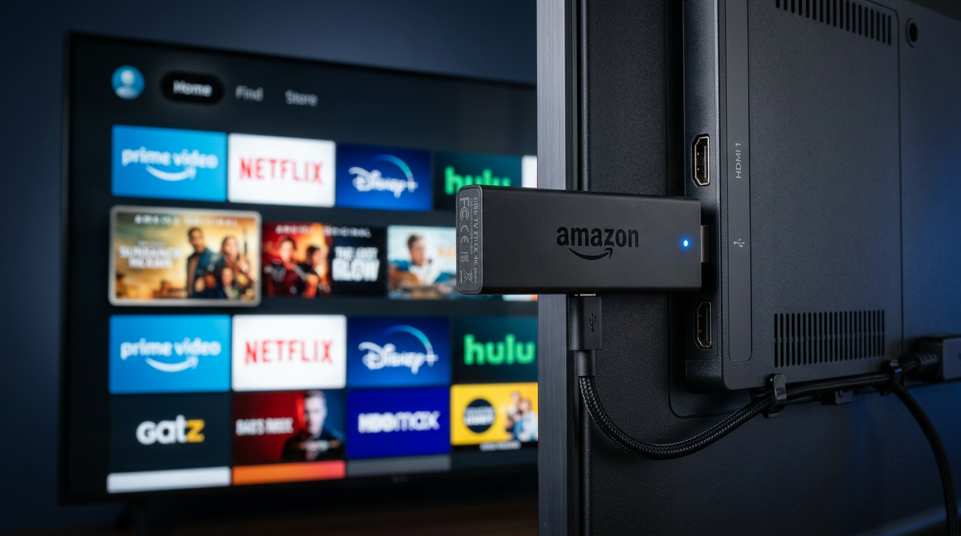 Amazon Fire TV Stick 4K plugged into smart TV HDMI for IPTV