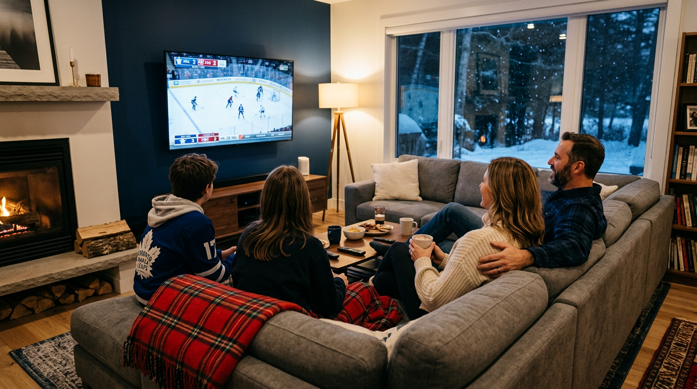 Canadian family watching hockey game on IPTV smart TV
