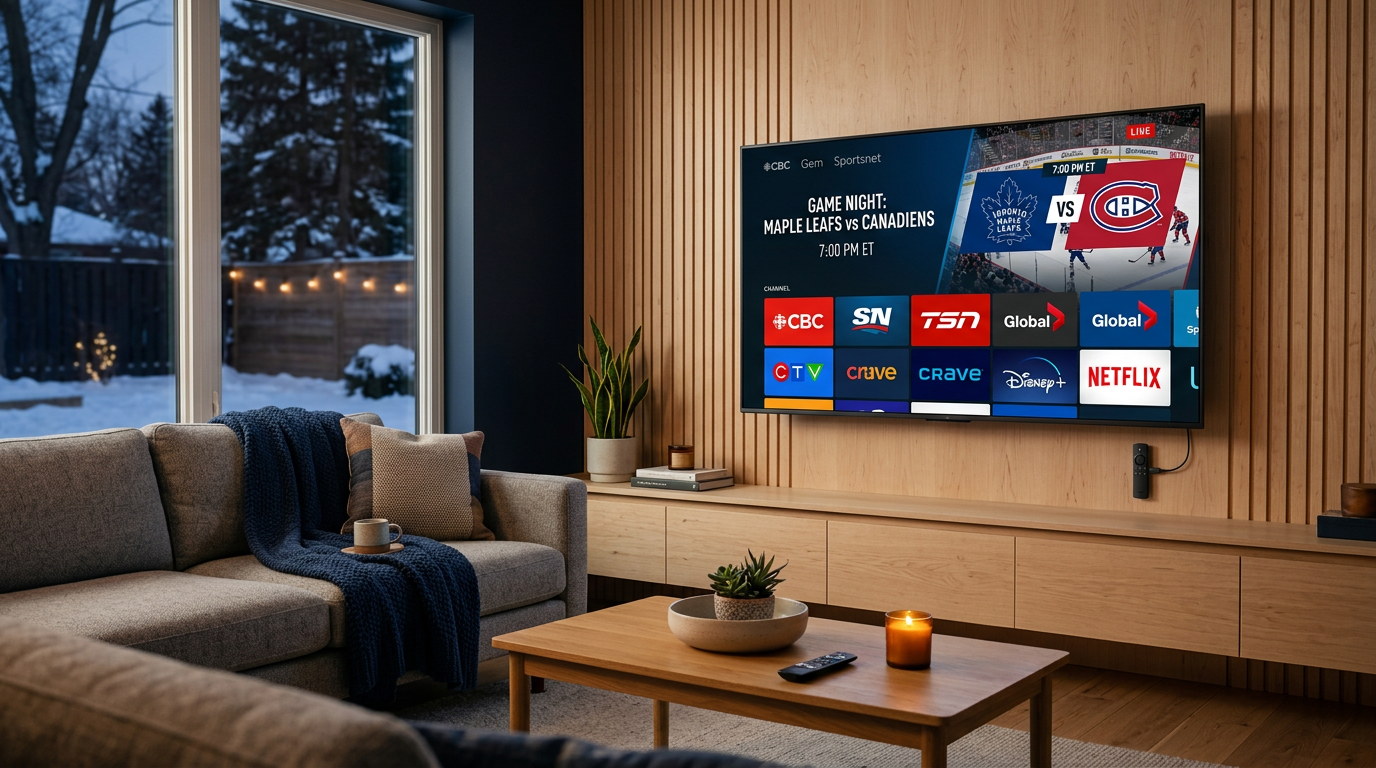 Modern Canadian living room with 4K smart TV displaying IPTV streaming interface