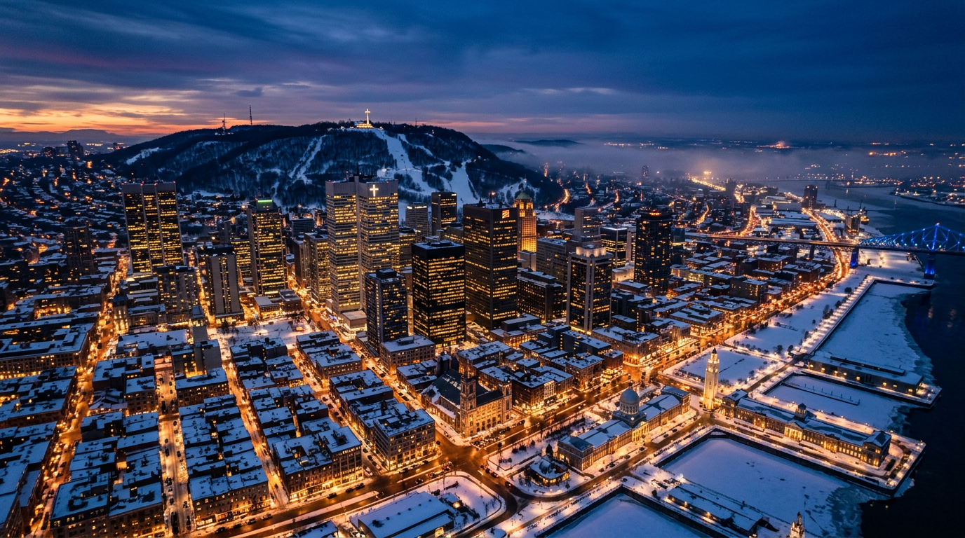Montreal downtown skyline at winter dusk